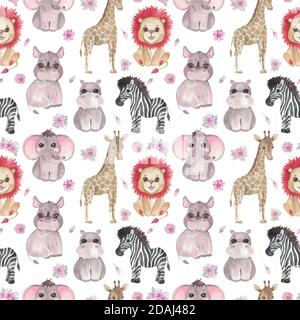 Nahtlose Safari-Muster von Tieren und Blumen auf weißem Hintergrund. Kinder Design Giraffe Zebra Elefant Hippo Rhino Stock Vektor