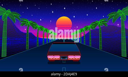 Klassische 80er Jahre Autofahrt auf der Straße mit Palmen, Bergen und Sonnenuntergang. RetroWave oder synthwave Arcade-Spiel mit Rennen auf die Sonne Stock Vektor