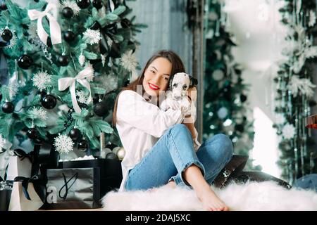 Junge Frau sitzt auf dem Boden in der Nähe von Weihnachtsbaum mit Dekorationen und spielt mit Welpen von dalmatinischen Hund. Stockfoto