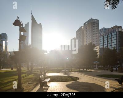 Berühmter Stadtpark von Abu Dhabi in der Innenstadt - wunderschön modern parkszene bei Sonnenuntergang umgeben von Wolkenkratzern - stressfrei Anzeigen Stockfoto