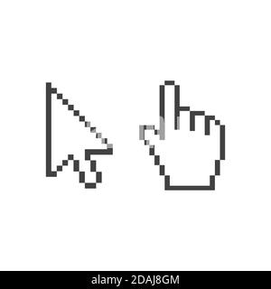 Pixel-Computer-Zeiger, Hand mit Zeigefinger, Pfeil, Vektor-Illustration isoliert auf weißem Hintergrund Stock Vektor