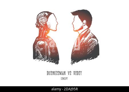 Geschäftsmann vs Roboter Konzept. Von Hand gezeichneter isolierter Vektor. Stock Vektor