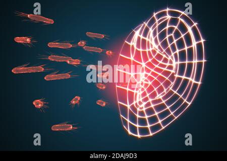 Bakterielle Ohrerkrankungen. Bakterien und das menschliche Ohr als Konzept von Ohrbeschwerden. 3d-Illustration Stockfoto