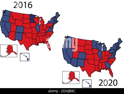 2020 General Presidential Wahlkarte von 50 USA Koloriert in Republikanisches Rot, Demokrat Blau. Stockfoto