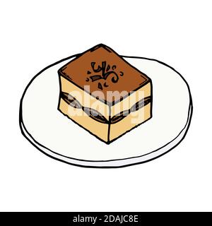 Tiramisu traditionelle italienische Küche. Handgezeichneter Skizzenstil. Vektor bunte Illustration isoliert auf weißem Hintergrund für Restaurant-Menü und Paket Stock Vektor