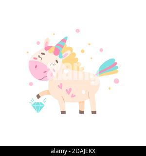 Cute Regenbogen Einhorn schlägt Diamant mit seinem HUF. Stock Vektor