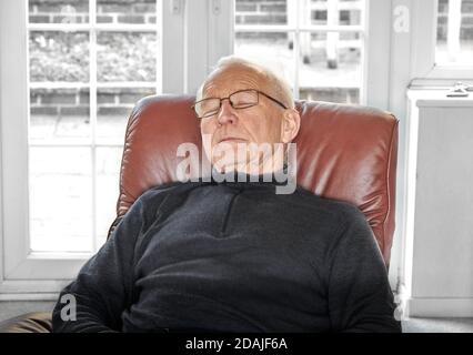 Älterer Mann in Ledersessel nimmt eine Snooze. Stockfoto