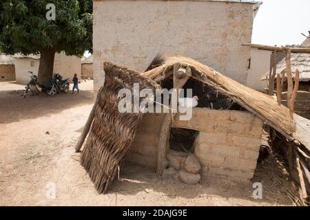 Delaba Koro, Dorf 60 km von Selingue, Mali, 27. April 2015; in diesem Dorf wurden viele Menschen vom Staudamm vertrieben. Ein einheimischer Hühnerstall. Stockfoto