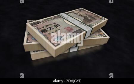 Japanische Yen Geldpaket 3d-Illustration. Ein JPY-Banknotenbündel. Konzept der Finanzen, Bargeld, Wirtschaftskrise, Geschäftserfolg, Rezession, Bank, Stockfoto