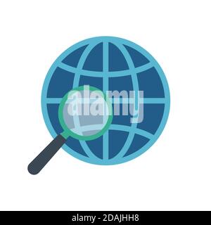 Lupe mit Globus auf weißem Hintergrund. Die Welt analysieren. Vektorgrafik. Stock Vektor