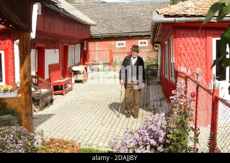 Älterer Mann, der mit einem Stock im Hof herumläuft Stockfoto