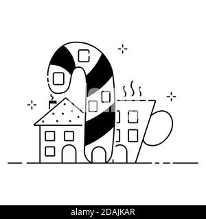 Frohe Weihnachten lustige Illustration, Weihnachtskomposition im Cartoon-Stil. Lollipop und Tasse geformte Haus flache Ikone. Stock Vektor