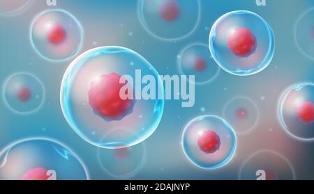 Zellen unter dem Mikroskop. Forschung an Stammzellen. Zelltherapie. Zellteilung. Vektorgrafik auf hellem Hintergrund Stock Vektor