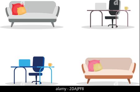 Sofa und Computer Tisch flache Farbe Vektor-Objekte gesetzt Stock Vektor