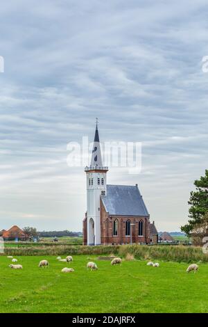 Malerisches Churh Den Hoorn in ländlichen Gebieten des Wattenmeeres und Texel in Nordholland, Niederlande Stockfoto