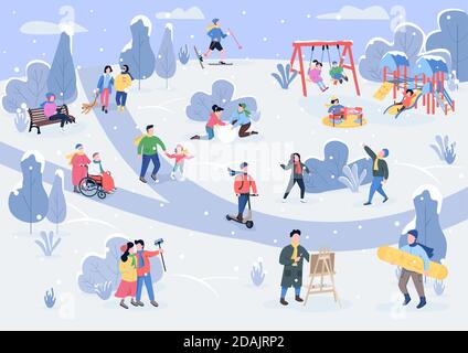 Rest im Winter Park flache Farbe Vektor Illustration Stock Vektor