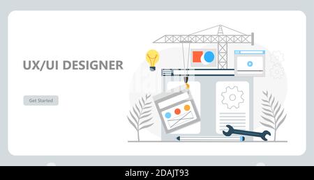 Designer-Konzept für die Benutzeroberfläche. UI, UX App Template Creation Installation. Erstellung des Designs der Landing Page. Stock Vektor
