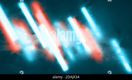 Abstrakter, farbenfroher Hintergrund. Blick durch gefrorenes Glas auf diagonal ausgerichteten Lichtleisten. Hellzyanblaue und rote Lichtlinien. Stockfoto