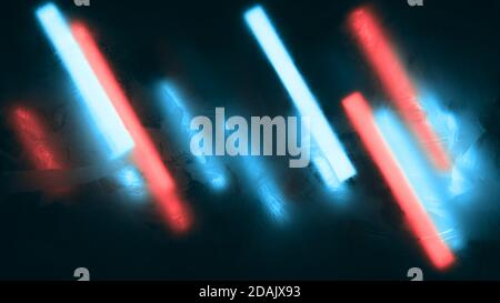 Abstrakter, farbenfroher Hintergrund. Blick durch gefrorenes Glas auf diagonal ausgerichteten Lichtleisten. Hellzyanblaue und rote Lichtlinien. Stockfoto