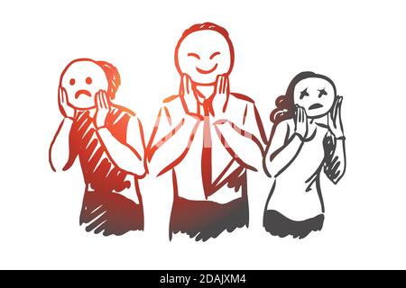 Menschen, Emotionen, Maske, Gesicht, Stimmungskonzept. Von Hand gezeichneter isolierter Vektor. Stock Vektor