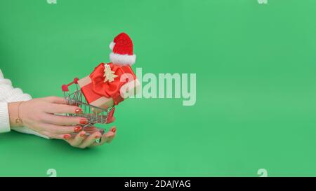Weibliche Hand hält Lebensmittelkarren Warenkorb mit Geschenkbox mit einem roten Band und Schleife trägt Santa Hut in auf einem grünen festlichen Hintergrund. Online-Chr Stockfoto