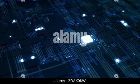 3D-Rendering einer Makroansicht einer futuristischen Elektronikplatine mit Mikrochips und Proseoren. Technologie Hintergrund Konzept. Stockfoto