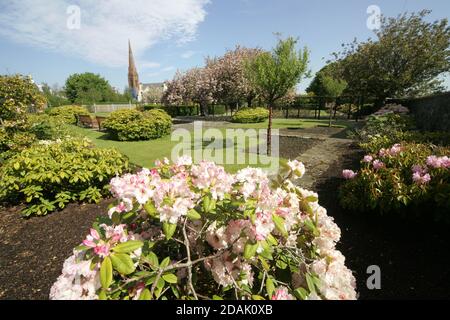 Girvan Orchard Park Spring, Ayrshire, Schottland, Großbritannien . Orchard Gardens sind wunderschöne Gärten mit krautigen Rändern, formellen Teich und formalen Blumenbeeten, die immer voller Farbe sind die umgebende Wand bietet Schutz vor der Küstenbrise, während die Sonne immer einen Weg in! Das macht den Garten zum perfekten Ort zum Ausruhen, Lesen oder einfach nur die Wärme der Sonne genießen. Stockfoto