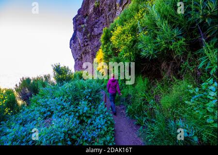 Schöner Wanderweg vom Pico do Arieiro zum Pico Ruivo, Insel Madeira. Fußweg PR1 - Vereda do Areeiro. Am Sommertag über den Wolken. Por Stockfoto