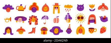 Vector Social Media Banner mit Icons mit Personen und Objekten Im naiven Skizzenstil Stock Vektor