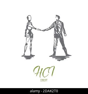 HCI, Automation, Business, cyborg, Kooperationskonzept. Von Hand gezeichneter isolierter Vektor. Stock Vektor