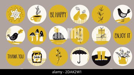 Satz von verschiedenen handgezeichneten Highlights und Story-Icons für Soziale Medien Stock Vektor