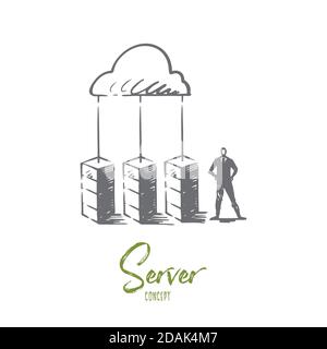 Server-, Cloud-, System-, Datenbank-, Storage-Konzept. Von Hand gezeichneter isolierter Vektor. Stock Vektor