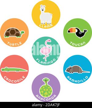 Südamerikanische Wildtiersammlung. Set von 7 Comic-Figuren im Kreis mit Namensschildern. Vektorgrafik. Stock Vektor