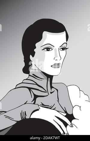 Kunst der ausgefallenen Frau in formeller Kleidung aus den Zwanzigern, in Film Noir Atmosphäre und Art Deco Stil. Digitales Zeichnen. Stockfoto