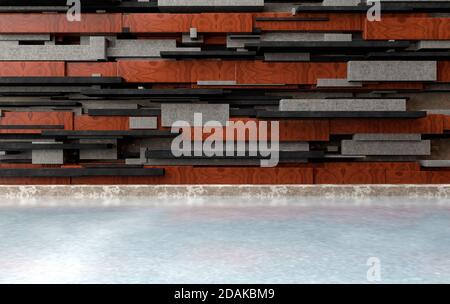 Wand aus Blöcken aus Holz und Stein. Abstrakter Holzhintergrund moderner Architektur.3D Illustration Stockfoto