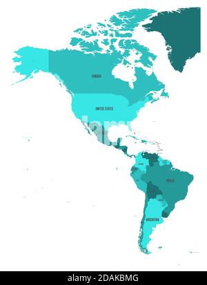 Politische Landkarte von Amerika in vier Schattierungen von türkisblauem auf weißem Hintergrund. Nord- und Südamerika mit Länderkennzeichen. Einfache flache Vektordarstellung. Stock Vektor