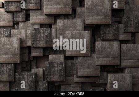 Steinwürfel in einem dunklen Raum. Beton- und Zementblockwände.3D Abbildung. Stockfoto