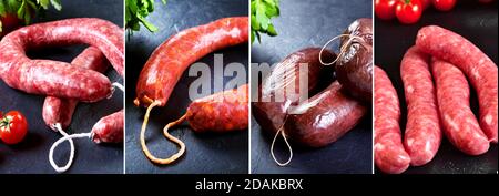 Auswahl an spanischen Feinkostprodukten Sausages und Blutwurst von iberischem Schwein auf schwarzem Schiefergrund. Rohes Fleisch und ausgearbeitetes Produkt. Stockfoto