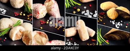 Panierte Paprika, gefüllte Muscheln und Kroketten. Lebensmittel zum Braten.Metzgerprodukte zum Braten Stockfoto