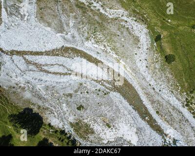 Steinerne Flussbett in der Hochsaison im Sommer von Grün umgeben alpenrasenland Stockfoto