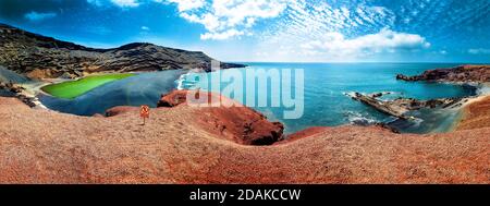 Landschaftlich reizvolle Landschaft Grüner See in El Golfo, Insel Lanzarote, Spanien. Kanarische Inseln und spanischer Strand Stockfoto