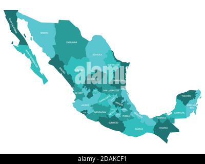 Türkisblaue politische Landkarte von Mexiko. Verwaltungsabteilungen - Staaten. Einfache flache Vektorkarte mit Beschriftungen. Stock Vektor