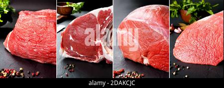 Rundes Kalb- und Rindersteak auf schwarzem Hintergrund. Köstliche und schmackhafte Food Collage aus rohem Fleisch und Metzgereien Stockfoto
