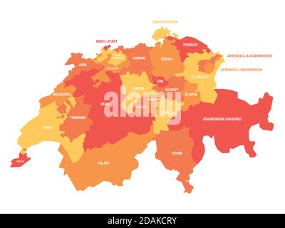 Orange politische Karte der Schweiz. Verwaltungsabteilungen - Kantone. Einfache flache Vektorkarte mit Beschriftungen. Stock Vektor