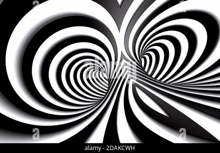 Abstrakter Tunnel oder unendliches Loch im Konzept von Schwindel. Abstrakter Spiralhintergrund in schwarz-weißem Muster. 3d-Illustration Stockfoto