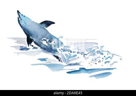 Spielerisch Aquarell blau Delphin springen aus dem Wasser in den Spritzer von Schaum. Original-Illustration von Meerestier, isoliert auf weißem Hintergrund Stockfoto