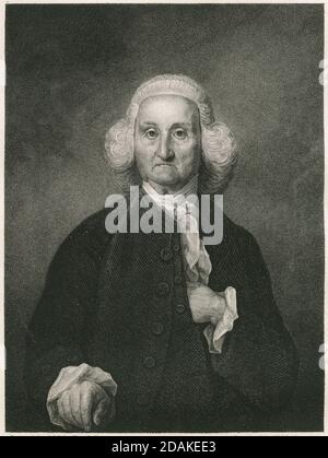 Antike c1860 Gravur, Jonathan Trumbull. Jonathan Trumbull Sr. (1710-1785) war ein amerikanischer Politiker und Staatsmann, der als Gouverneur von Connecticut während der amerikanischen Revolution diente. QUELLE: ORIGINALGRAVUR Stockfoto