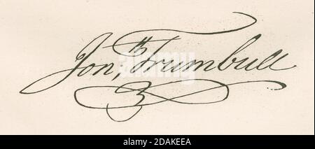 Antiker c1860-Stich, Faksimile-Signatur von Jonathan Trumbull. Jonathan Trumbull Sr. (1710-1785) war ein amerikanischer Politiker und Staatsmann, der als Gouverneur von Connecticut während der amerikanischen Revolution diente. QUELLE: ORIGINALGRAVUR Stockfoto