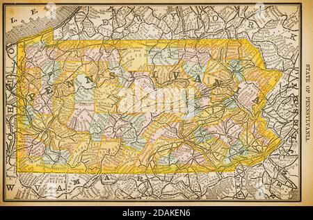 Karte von Pennsylvania aus dem 19. Jahrhundert.Veröffentlicht in New Dollar Atlas of the United States and Dominion of Canada. (Rand McNally & Co's, Chicago, 1884). Stockfoto