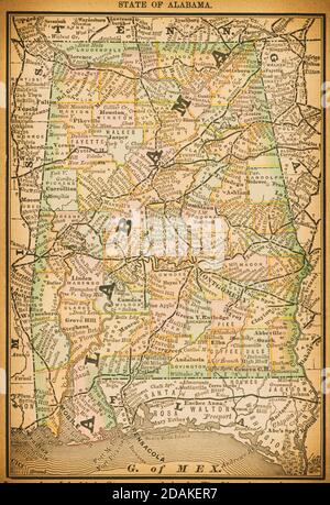 Karte des Staates Alabama aus dem 19. Jahrhundert. Veröffentlicht im New Dollar Atlas of the United States and Dominion of Canada. (Rand McNally & Co's, Chicago, 1884). Stockfoto